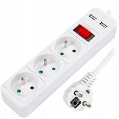 PRZEDŁUŻACZ LISTWA ZASILAJĄCA 1,5m 3 GNIAZDA Z UZIEMIENIEM WYŁĄCZNIK 2X USB