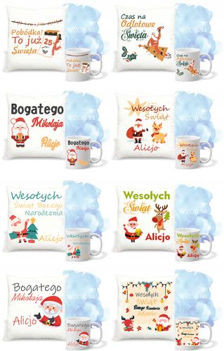 Zestaw PODUSZKA i KUBEK nadruk mikołajkowy świąteczny PREZENT dużo wzorów na Arena.pl