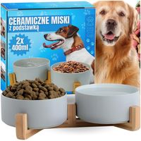 PODWÓJNA MISKA DLA PSA KOTA MISKI CERAMICZNE NA STOJAKU WODĘ KARMĘ 2x400 ml