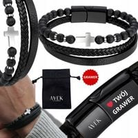 BRANSOLETKA SKÓRZANA MĘSKA Z GRAWEREM GRAWER CZARNA KRZYZ NA PREZENT 21 CM