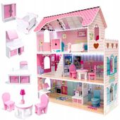 DOMEK DLA LALEK DREWNIANY XXXL RÓŻOWA WILLA ŚWIATŁO LED MEBELKI AKCESORIA