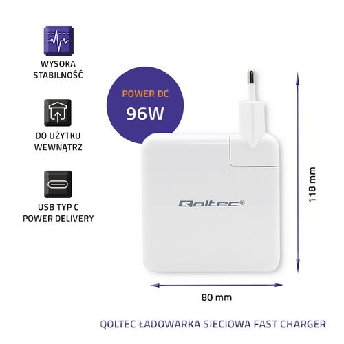 Qoltec Ładowarka sieciowa FAST 96W 5-20V 3-4.7A USB C PD Biała na Arena.pl