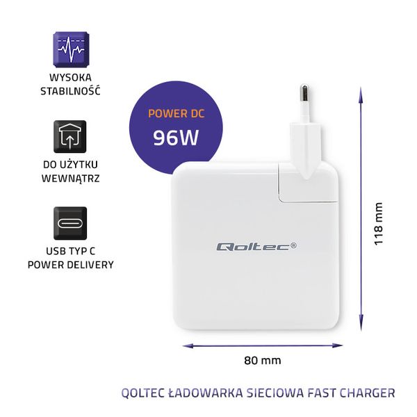 Qoltec Ładowarka sieciowa FAST 96W 5-20V 3-4.7A USB C PD Biała zdjęcie 3