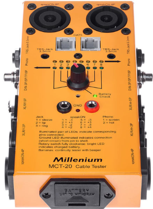 Tester kabli XLR DMX Speakon DIN Jack RCA RJ45 Millenium MCT-20 na baterie na Arena.pl