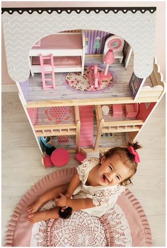 Domek dla Lalek Drewniany Duży Oświetlenie LED Mebelki 3 Poziomy - XL 90cm na Arena.pl