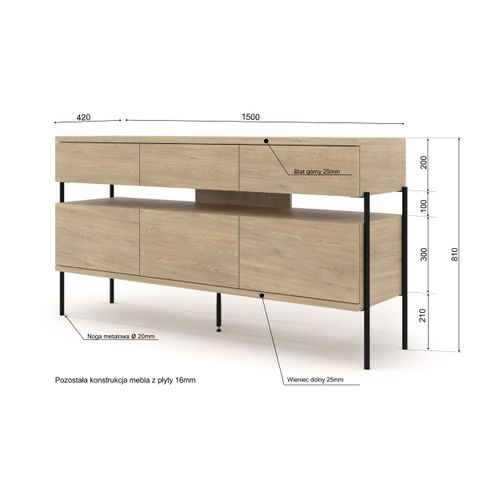 Komoda DRAGONFLY 150 cm 3D3S dąb cremona szuflady czarne metalowe nóżki na Arena.pl