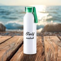 Biały bidon 650 ml z Twoim nadrukiem z zieloną nakrętką