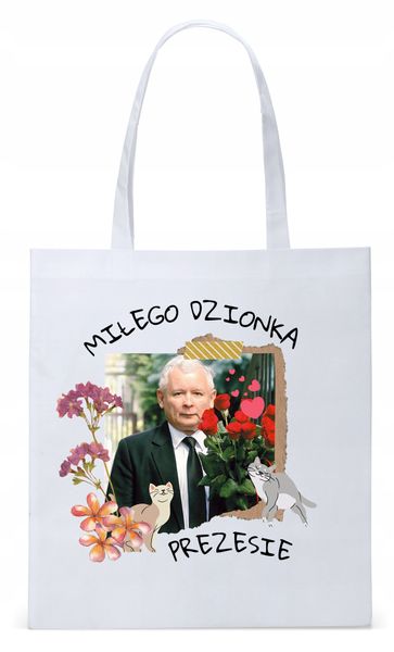 Śmieszny Pis Kaczyński Torba Eco Biała Shopper Z Nadrukiem Ze Zdjęciem zdjęcie 1