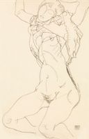 Woman undressing. Seminude with Arms Raised, Egon Schiele - plakat 20x30 cm