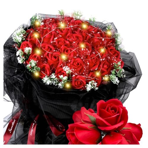 Bukiet czerwonych róż z płatków mydlanych z led czarny tiulem na prezent na Arena.pl
