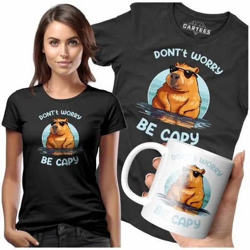 KOSZULKA DAMSKA DON'T WORRY BE CAPY CAPYBARA KAPIBARA KAPI BARA ZESTAW zdjęcie 1