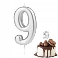ŚWIECZKA URODZINOWA CYFERKA 9 SREBRNA METALICZNA NA IMPREZĘ URODZINOWĄ