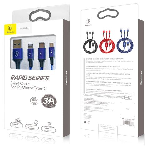 Kabel USB Micro lightning Type-C 3w1 Baseus Rapid niebieski na Arena.pl