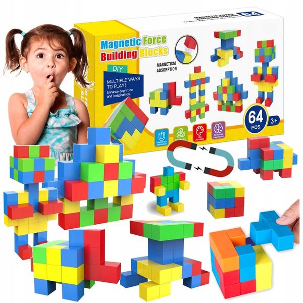 Klocki magnetyczne edukacyjne KOSTKI SZEŚCIANY Zestaw 64 el. magnesy zdjęcie 1