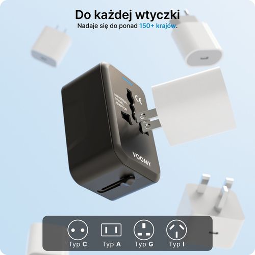 Przejsciowka adapter wtyczka angielska VOOMY, 1x USB-C & 1x USB-A, Czarna na Arena.pl