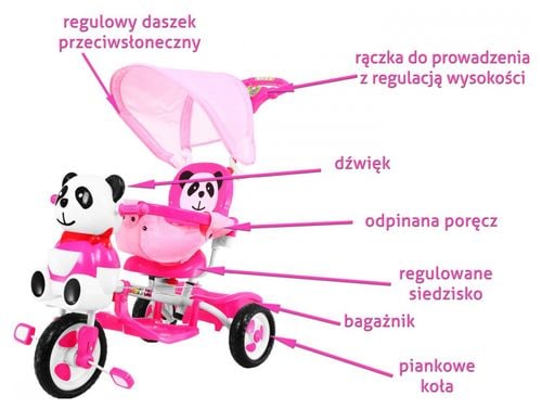3-Kołowy Rowerek Dla Dzieci Panda Różowy + Dźwięki + Daszek + Barierka + na Arena.pl