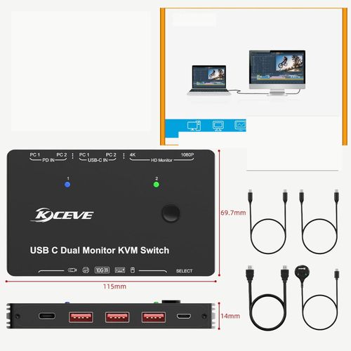 Przełącznik KVM YOUTINGHDAV USB-C 2 PC 2 monitory Dual HDMI 4K@60Hz 65W PD na Arena.pl
