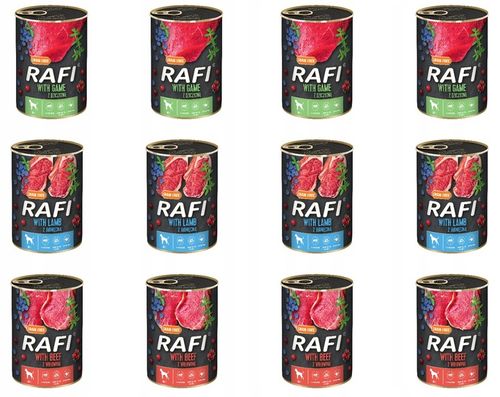 MIX KARMY MOKREJ DLA PSA 400G RAFI 3 SMAKI x 4 SZTUKI DZICZ. JAG. WOŁ. na Arena.pl