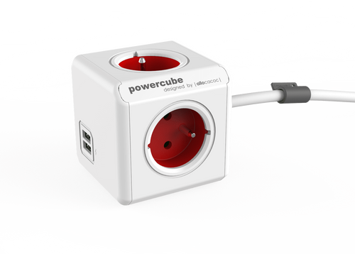 Listwa zasilająca allocacoc PowerCube Extended USB 1,5 m - czerwony, 4x 230 V + 2x USB 2,1 A max na Arena.pl