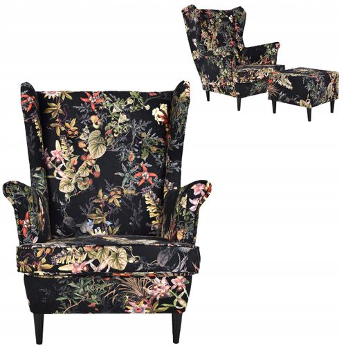 Fotel uszak ARI PRINT z podnóżkiem, skandynawski Family Meble welurowy na Arena.pl