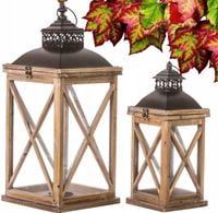 2 szt Lampion XXL Zestaw lampionów drewno brązowe 62cm i 45 cm latarenka