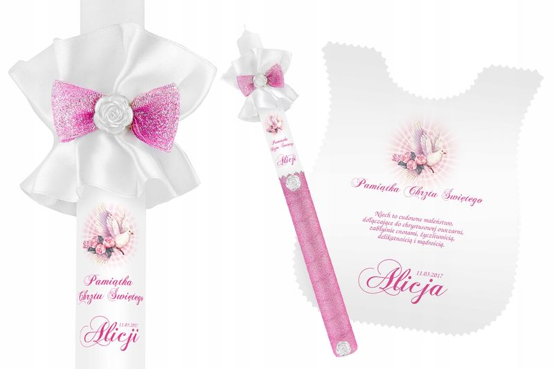 Szatka i świeca do CHRZTU biała IMIĘ DATA WZORY zdjęcie 1