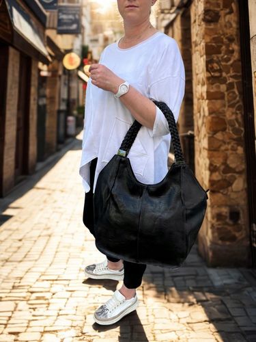 CZARNA TOREBKA plecione rączki torba worek shopper miękka skóra A4 na Arena.pl