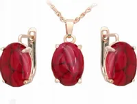 Złoty komplet biżuterii złocony owalne rubin kamienie pozłacany kobiecy