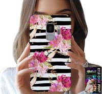 ETUI DO SAMSUNG GALAXY S9 - KWIATKI W CZARNO - BIAŁE PASKI WZORY