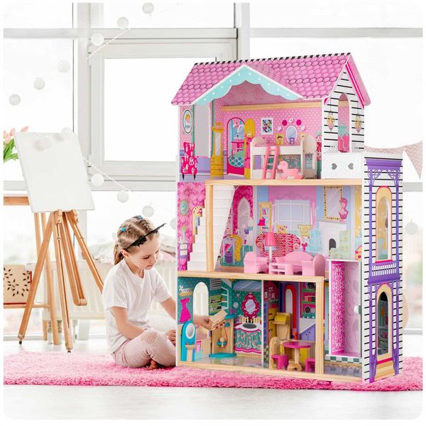 Drewniany domek dla lalek duży 3-piętrowy z windą i lampką LED zdjęcie 13