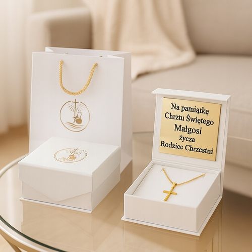 ZŁOTY ŁAŃCUSZEK NA CHRZEST CHRZCINY KRZYŻYKIEM PR 925 585 GRAWER PAMIĄTKA na Arena.pl