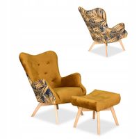 Fotel z pufą skandynawski uszak Luna Print Duo podnóżkiem Family meble