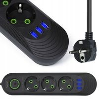 LISTWA ZASILAJĄCA 3 GNIAZDA + 3xUSB PODŚWIETLENIE PRZEDŁUŻACZ 2M 230V