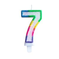 świeczka tęczowa, brokat cyferka "7"