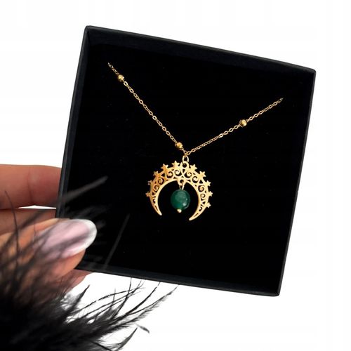 Naszyjnik z ażurowym księżycem i jadeitem zielonym stal pozłacana prezent na Arena.pl
