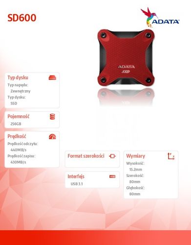 Adata SSD External SD600 256G 2.5'' USB3.1 TLC 3D Czerwony na Arena.pl