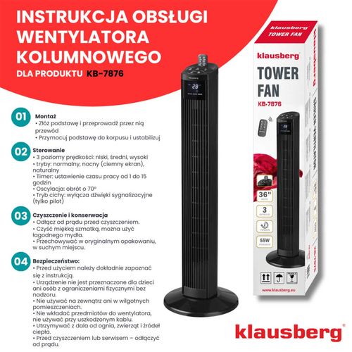 wentylator kolumnowy podłogowy z pilotem klausberg kb-7876 na Arena.pl