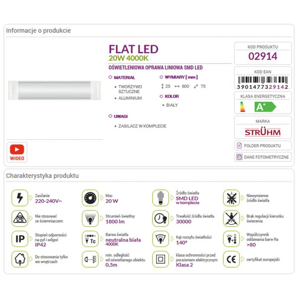 Lampa listwa FLAT LED 20W 4000K 60cm 02914 Struhm zdjęcie 5