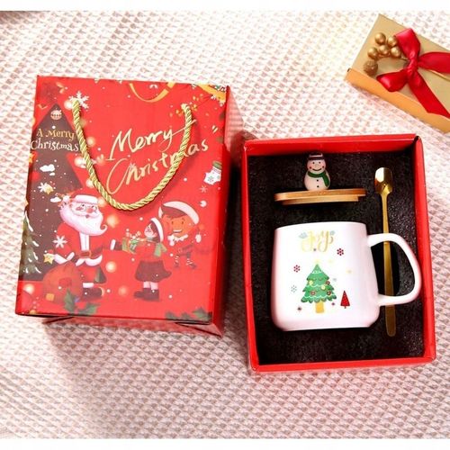 KUBEK ŚWIĄTECZNY - zestaw w pudełku z pokrywką i łyżeczką 225 ml, biały na Arena.pl