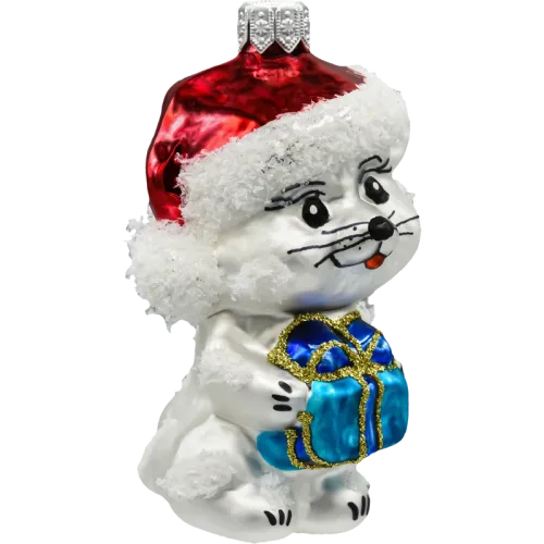 Bombka choinkowa szklana: Kotek w Świątecznej czerwonej czapce z prezentem na Arena.pl