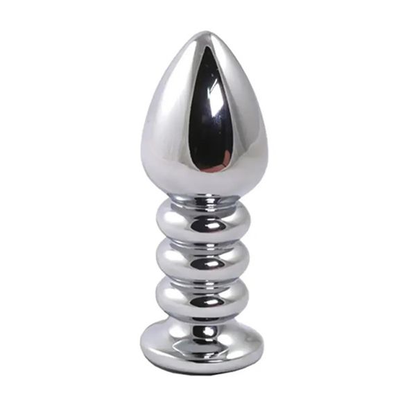 Silver Large Ribbed Butt Plug With Black Crystal zdjęcie 2