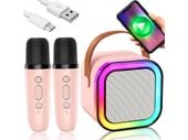 Mikrofon głośnik bezprzewodowy zestaw karaoke bluetooth 2 mikrofony różowy