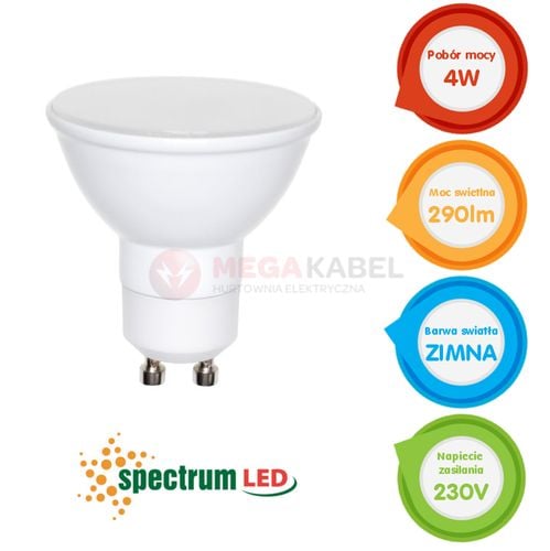 Żarówka LED GU10 4W 230V zimna CW WOJ13260 SPECTRUM na Arena.pl