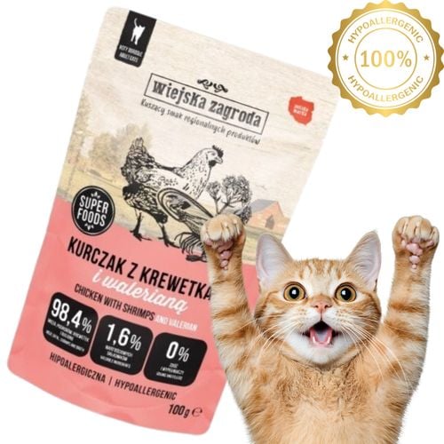 karma mokra dla kota kurczak z krewetkami i waleriana 100g wiejska zagroda na Arena.pl