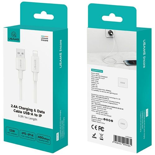 kabel usams u90 2.4a usb-a do lightning  biały na Arena.pl