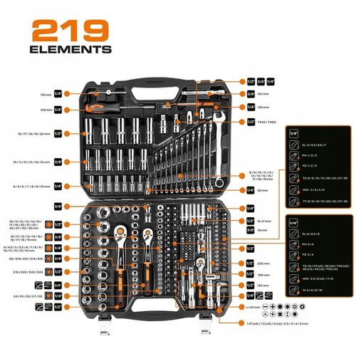 NEO ZESTAW KLUCZE NASADOWE 1/2" 3/8" 1/4" 219ele CRV PŁASKIE TORX na Arena.pl