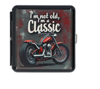 Metalowa Papierośnica z Nadrukiem Czerwonego Motocykla w Klimacie Vintage