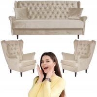 Duży zestaw wypoczynkowy wersalka 2 fotele uszaki BEŻOWY Gaja Family Meble