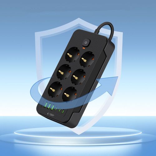 tech-protect pc6x6 power strip 3 usb & 3 type-c & 6 socket 200cm black na Arena.pl