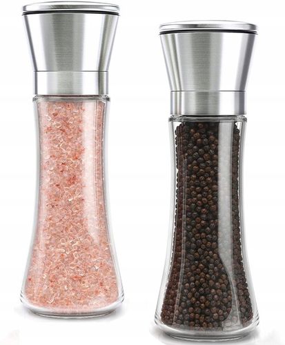 RĘCZNY Szklany Młynek do Pieprzu i Soli 2szt DUŻY Pojemnik + STOJAK na Arena.pl